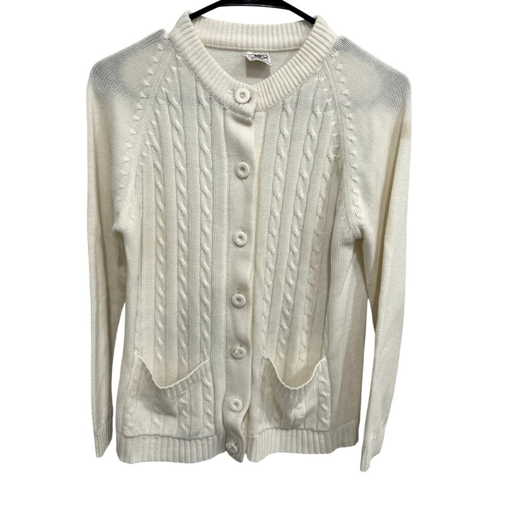 Vintage Lady Archdale White Cable Knit Button-Up Cardigan With Pockets